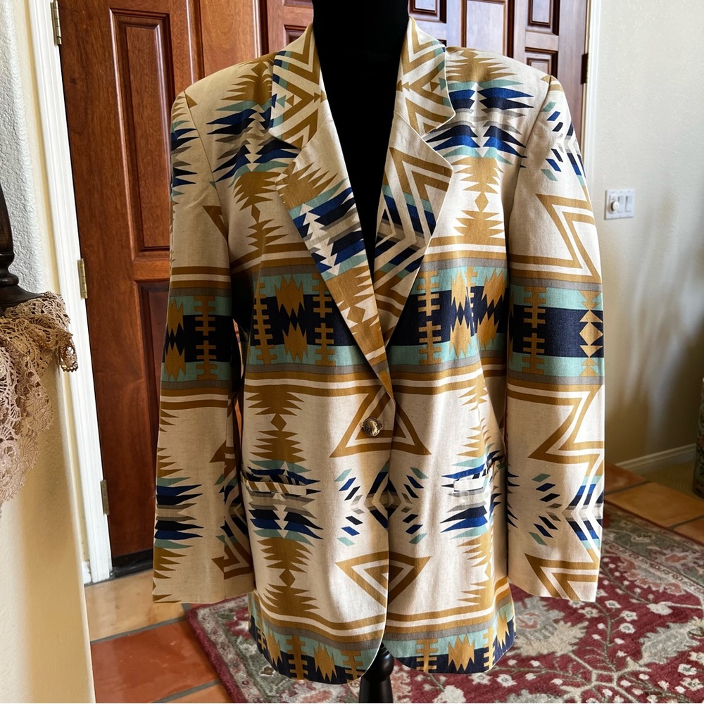 Maurizio Ramani Medium Aztec Western Blazer Linen Blend Neutral Turquoise Sz S